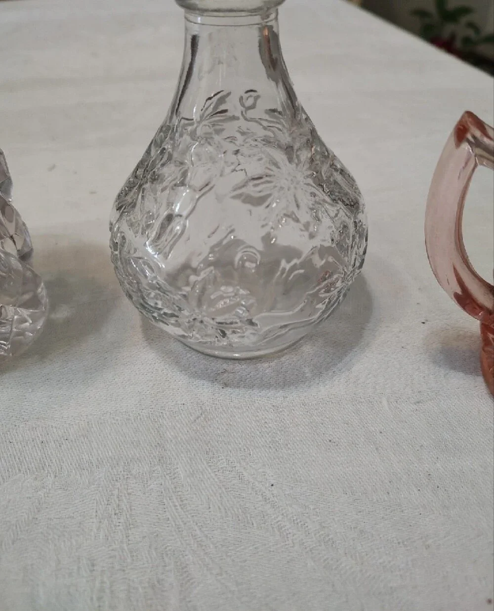 Vintage Pink Glass Sugar Bowl, A Vase And Cruet.